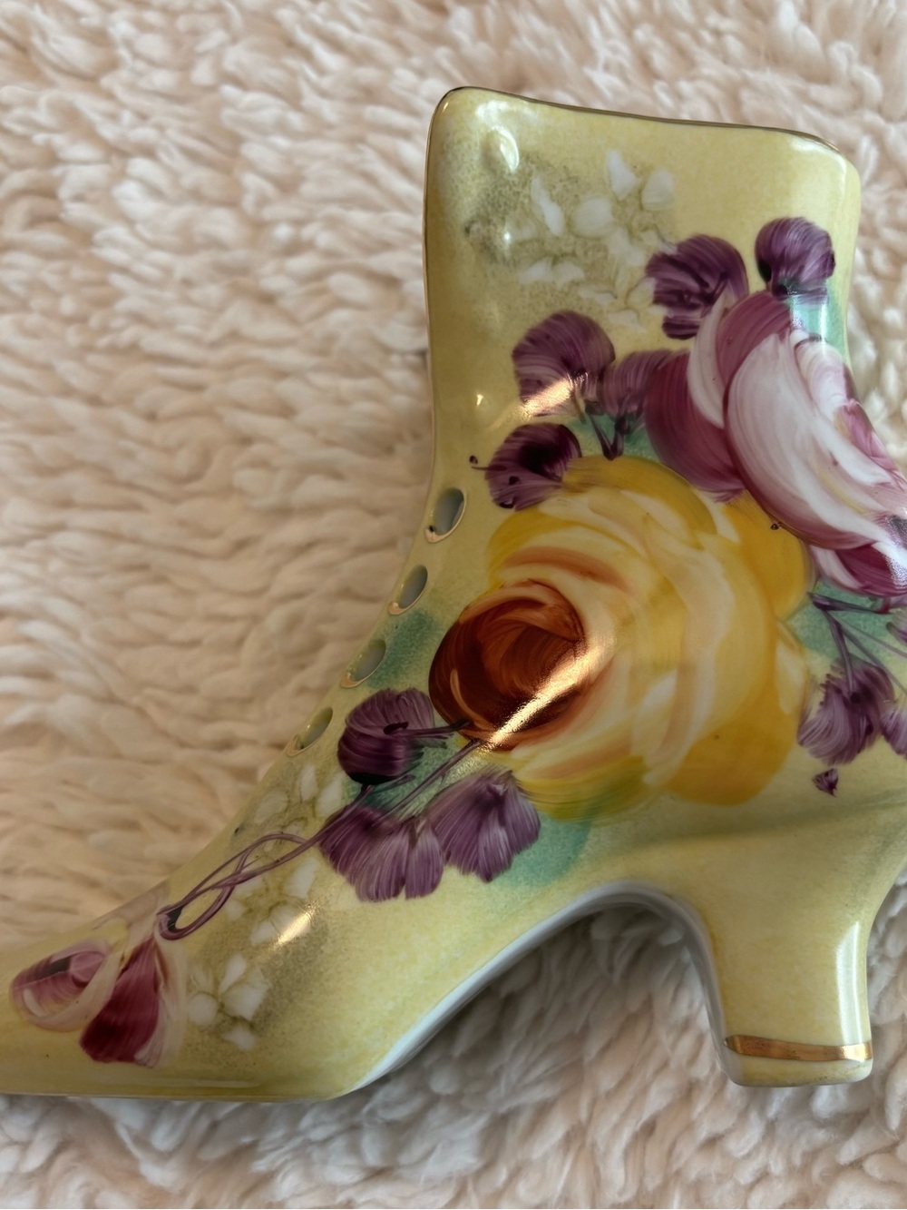 Vintage Limoges China Porcelain Victorian Boot Shoe Planter Vase Yellow Floral